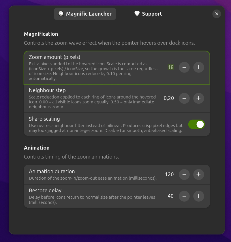 Magnific Launcher preferences window showing magnification and animation settings
